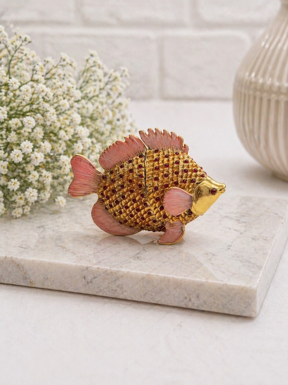 Vintage Fish Trinket Box Enamel Rhinestone Pill Box Gold Pink